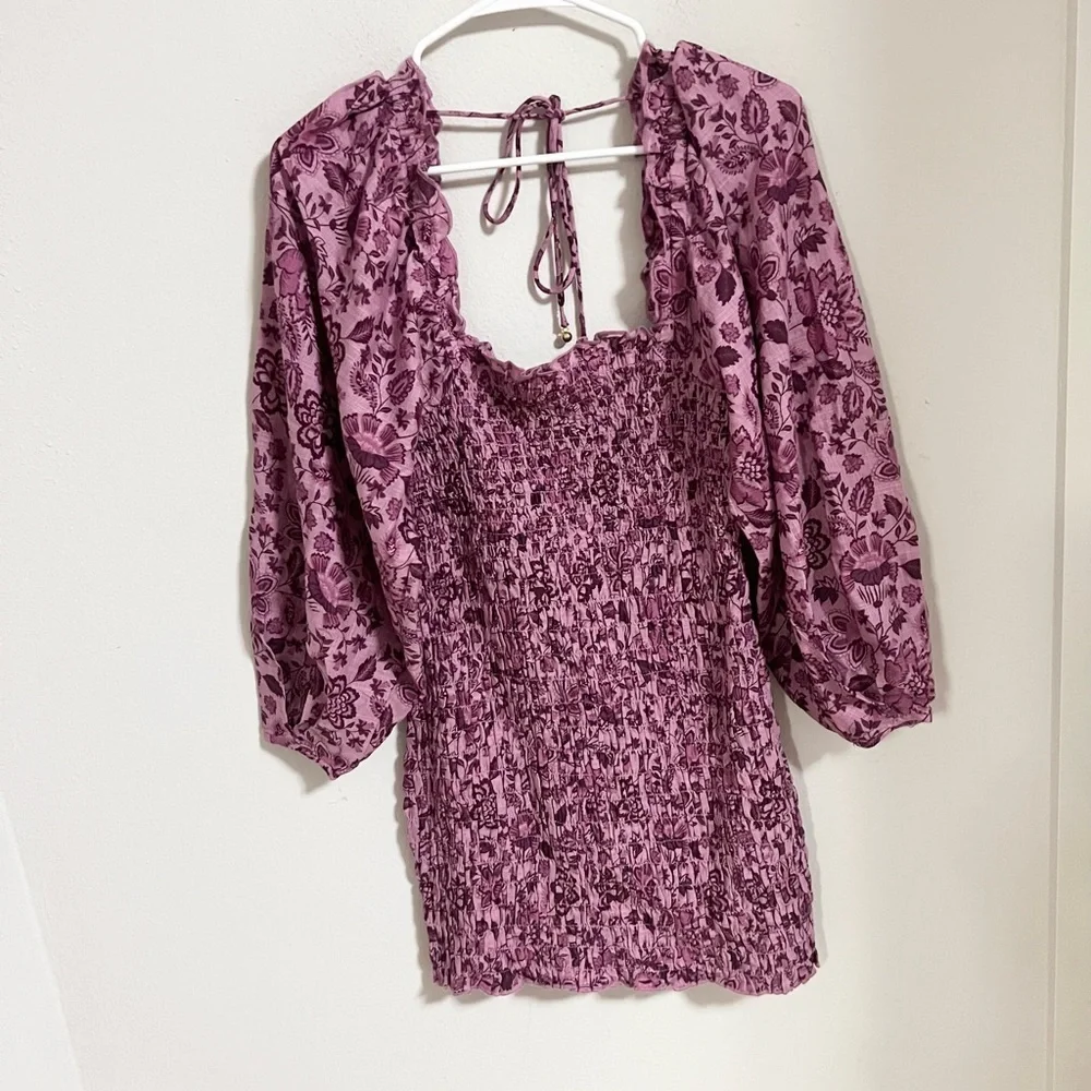 NWT Free people smocked purple mini dress puff sleeves cotton